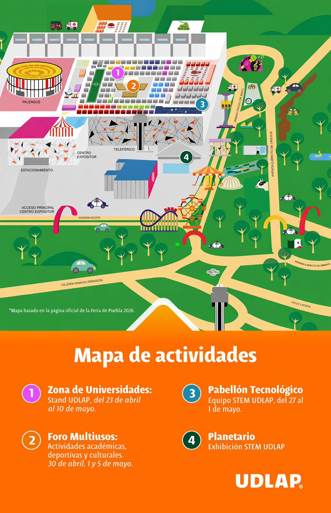 Mapa de ubicación de las actividades UDLAP en el Recinto Ferial de la Feria de Puebla 2026